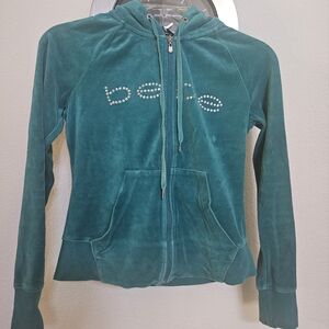 Pre-owned bebe velour hoodie size M green and rhinestones bebe logo